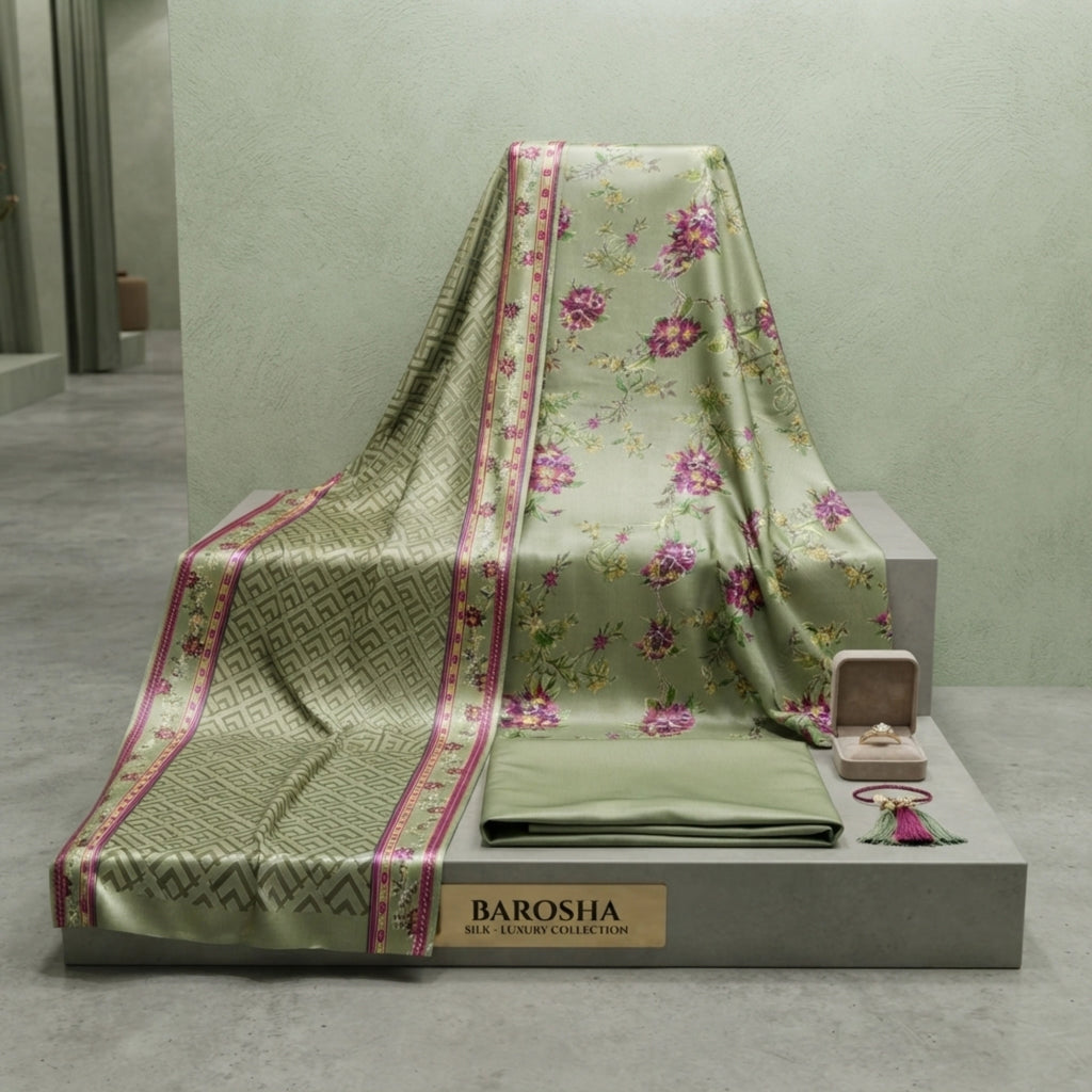 Sage Green Floral Barosha Silk 3 Piece Unstitched Suit