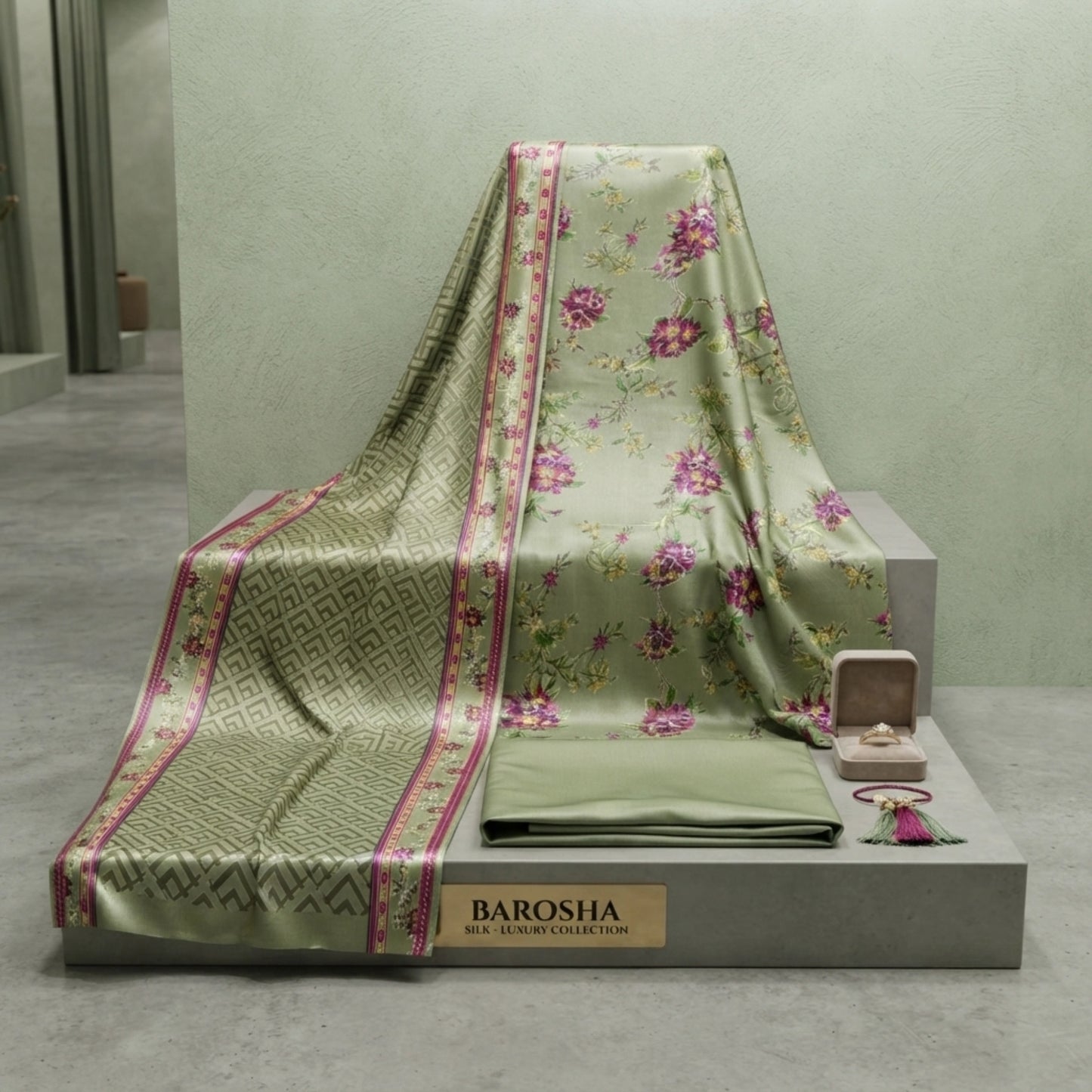 Sage Green Floral Barosha Silk 3 Piece Unstitched Suit