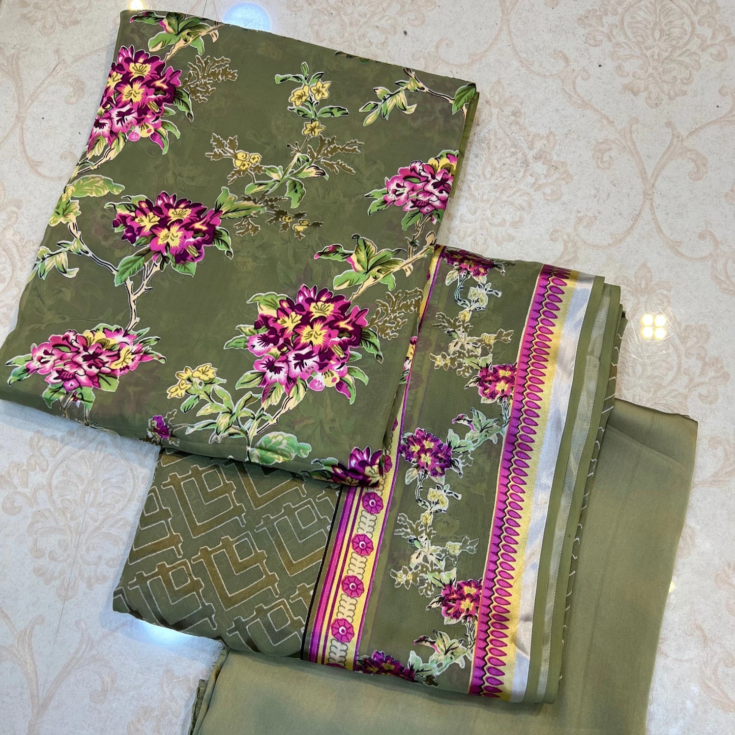 Sage Green Floral Barosha Silk 3 Piece Unstitched Suit