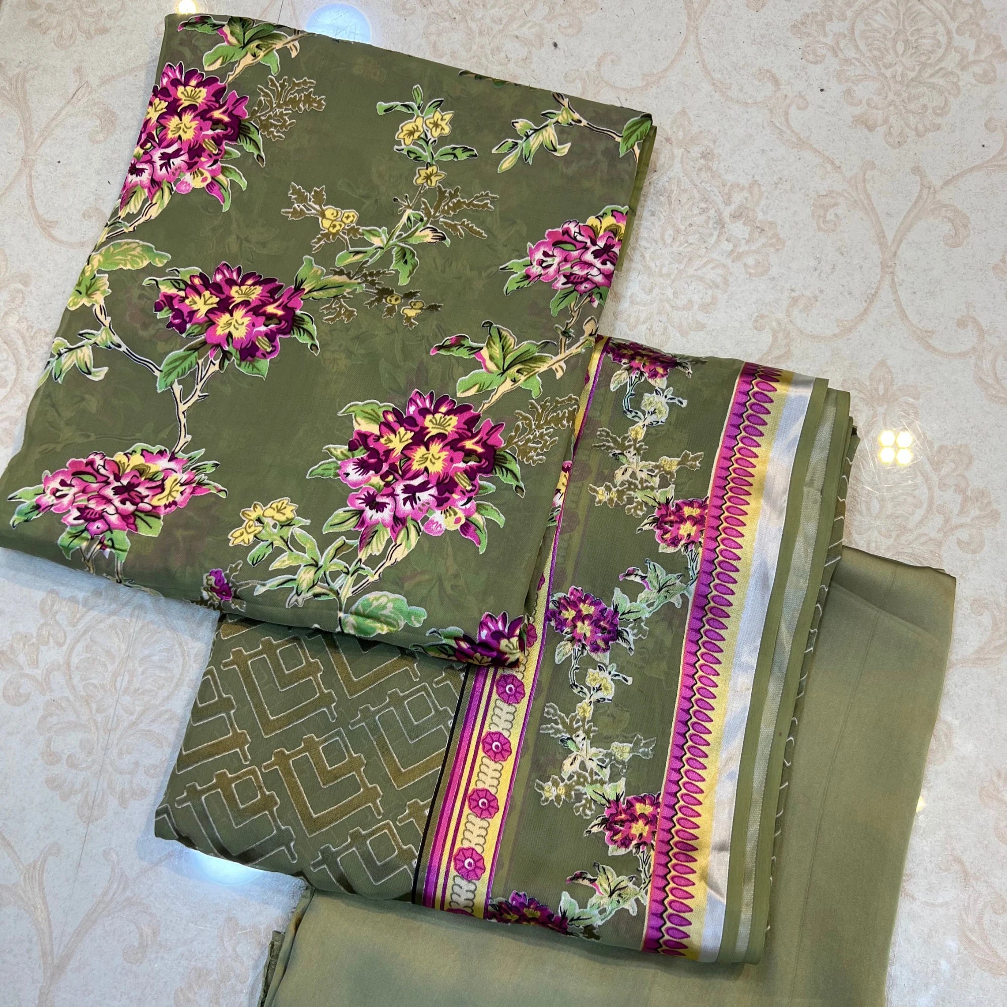 Sage Green Floral Barosha Silk 3 Piece Unstitched Suit