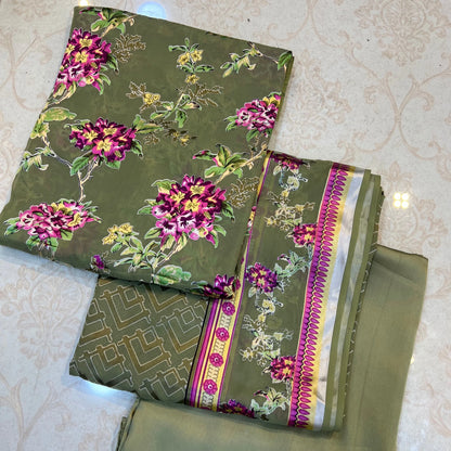 Sage Green Floral Barosha Silk 3 Piece Unstitched Suit
