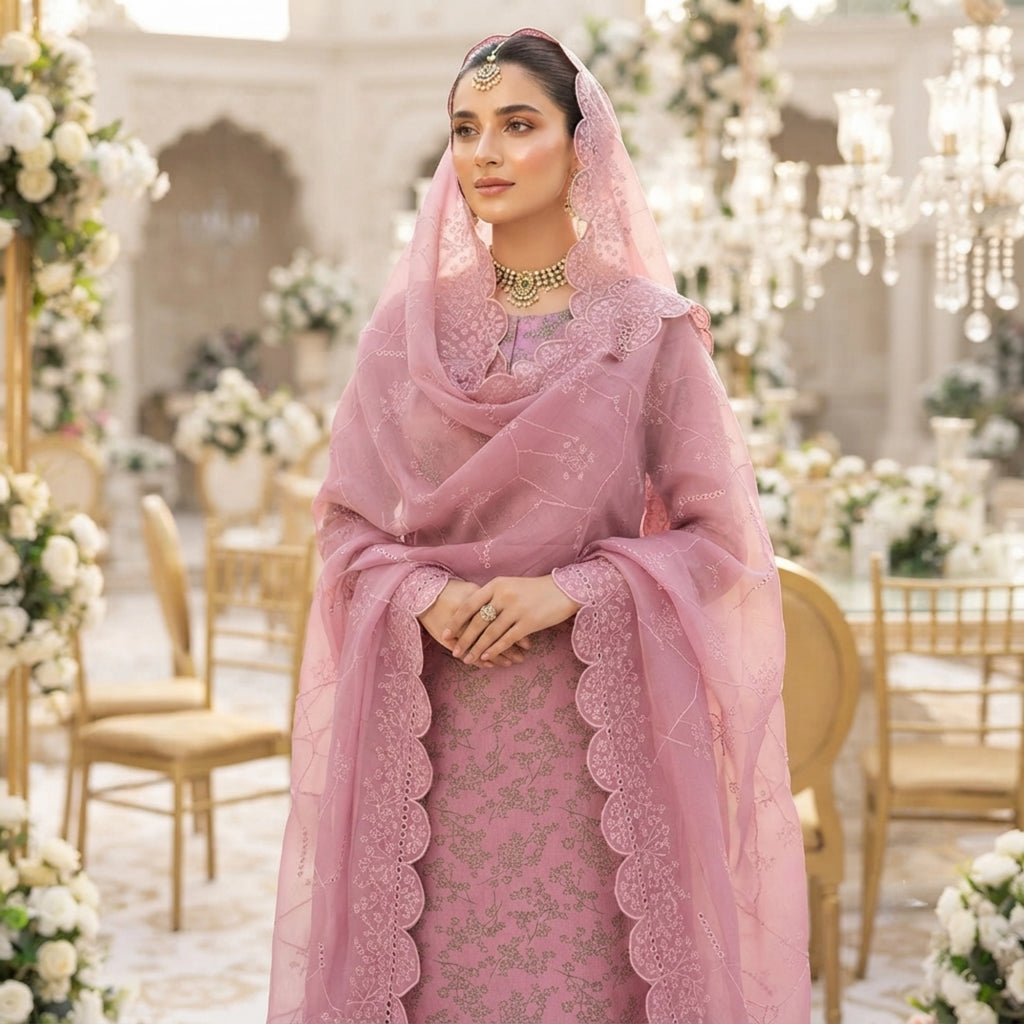 Dusty Rose Pure China Pati Silk 3 Piece Unstitched Suit