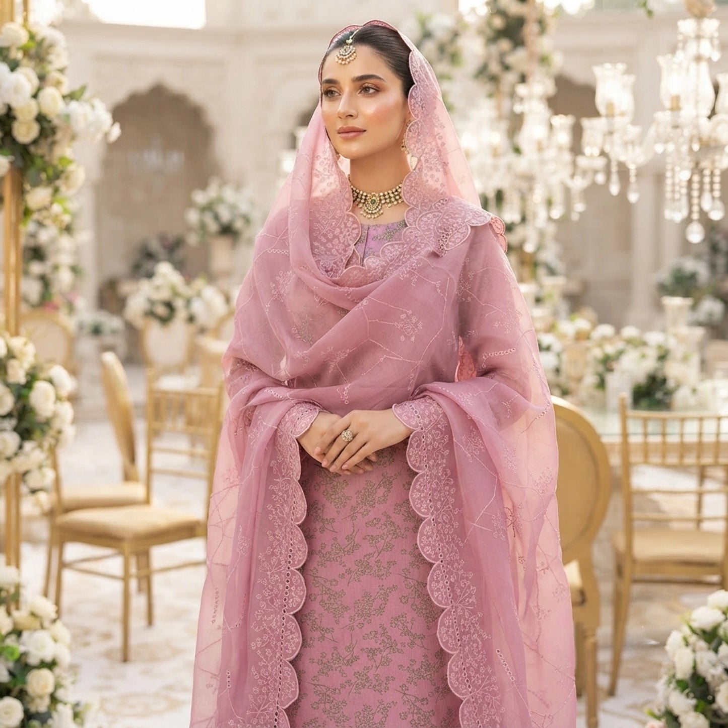 Dusty Rose Pure China Pati Silk 3 Piece Unstitched Suit