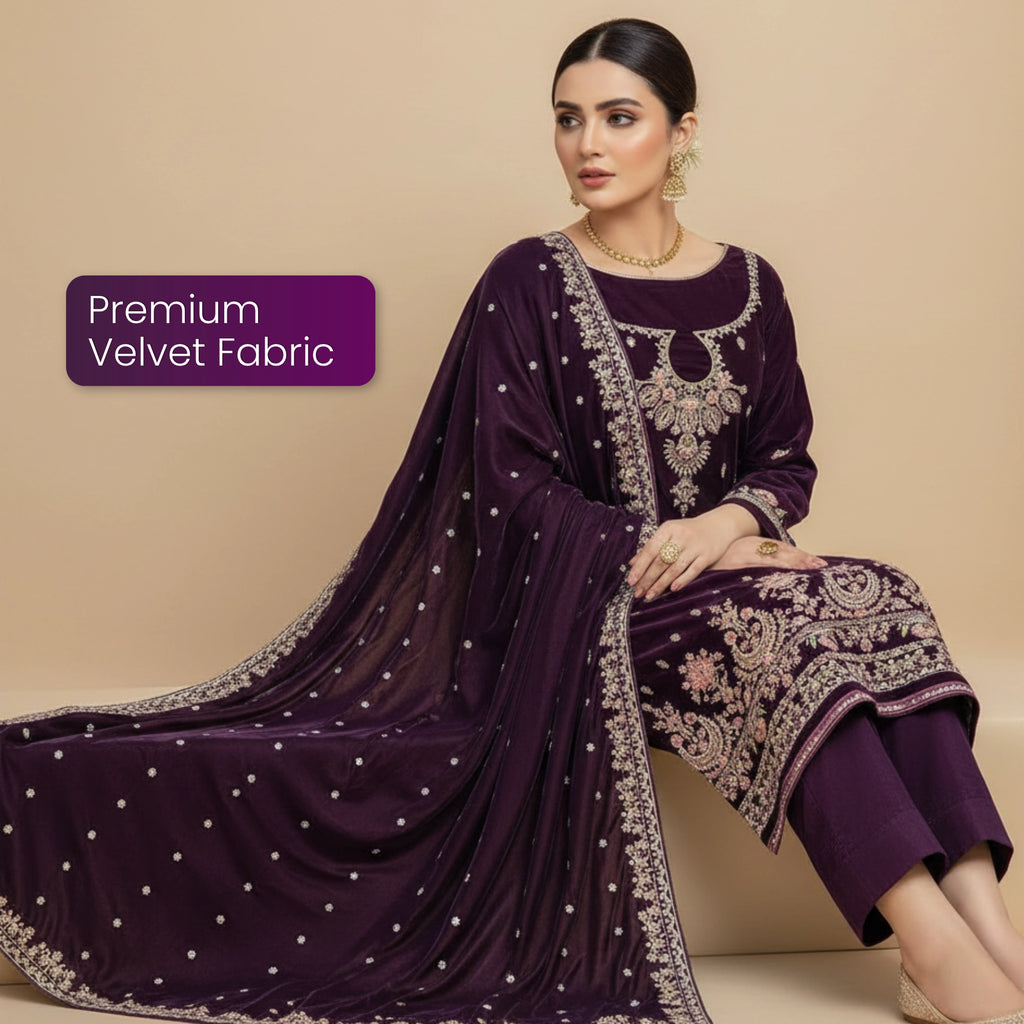 Plum Velvet 3 Piece Unstitched Suit - Insaf Fabrics