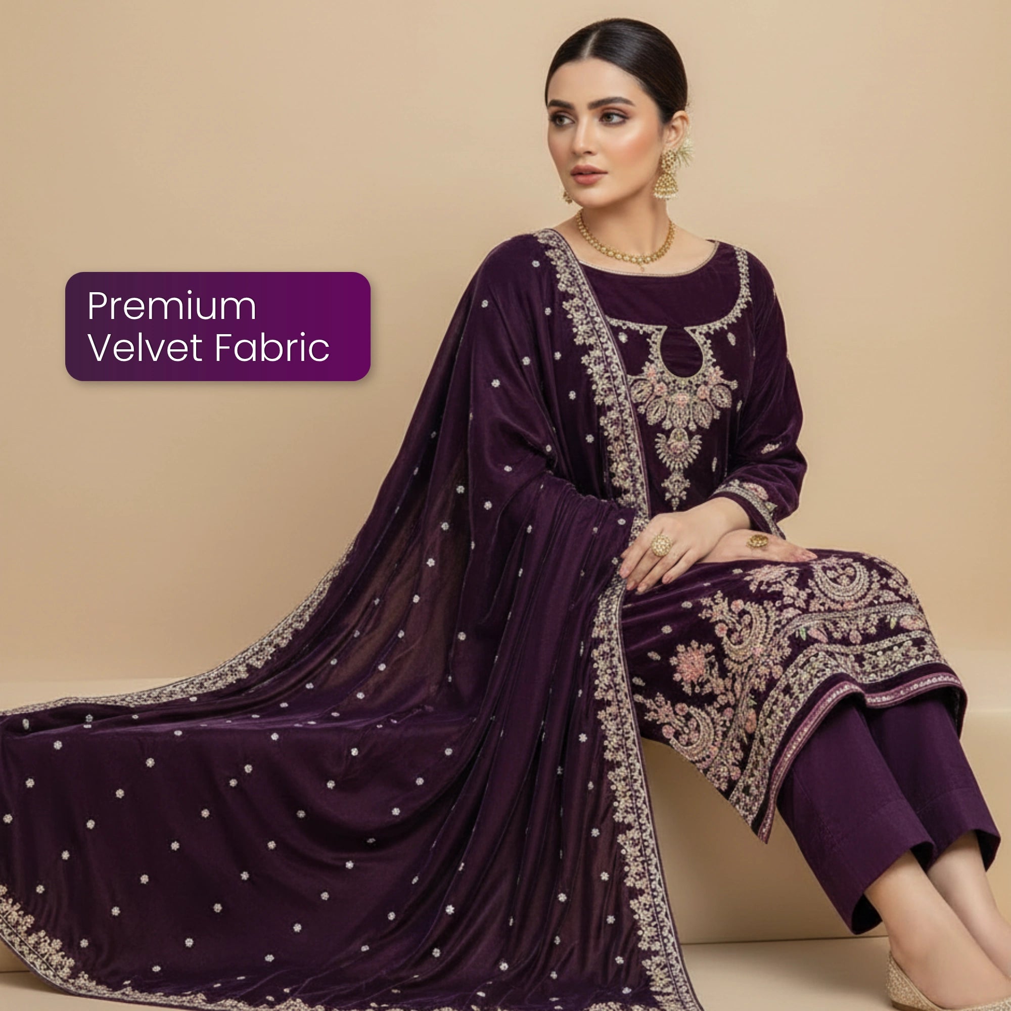 Plum Velvet 3 Piece Unstitched Suit - Insaf Fabrics