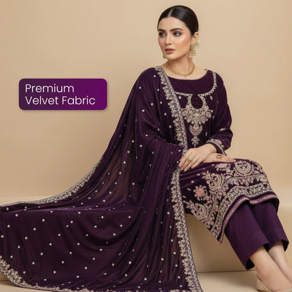 Plum Velvet 3 Piece Unstitched Suit - Insaf Fabrics