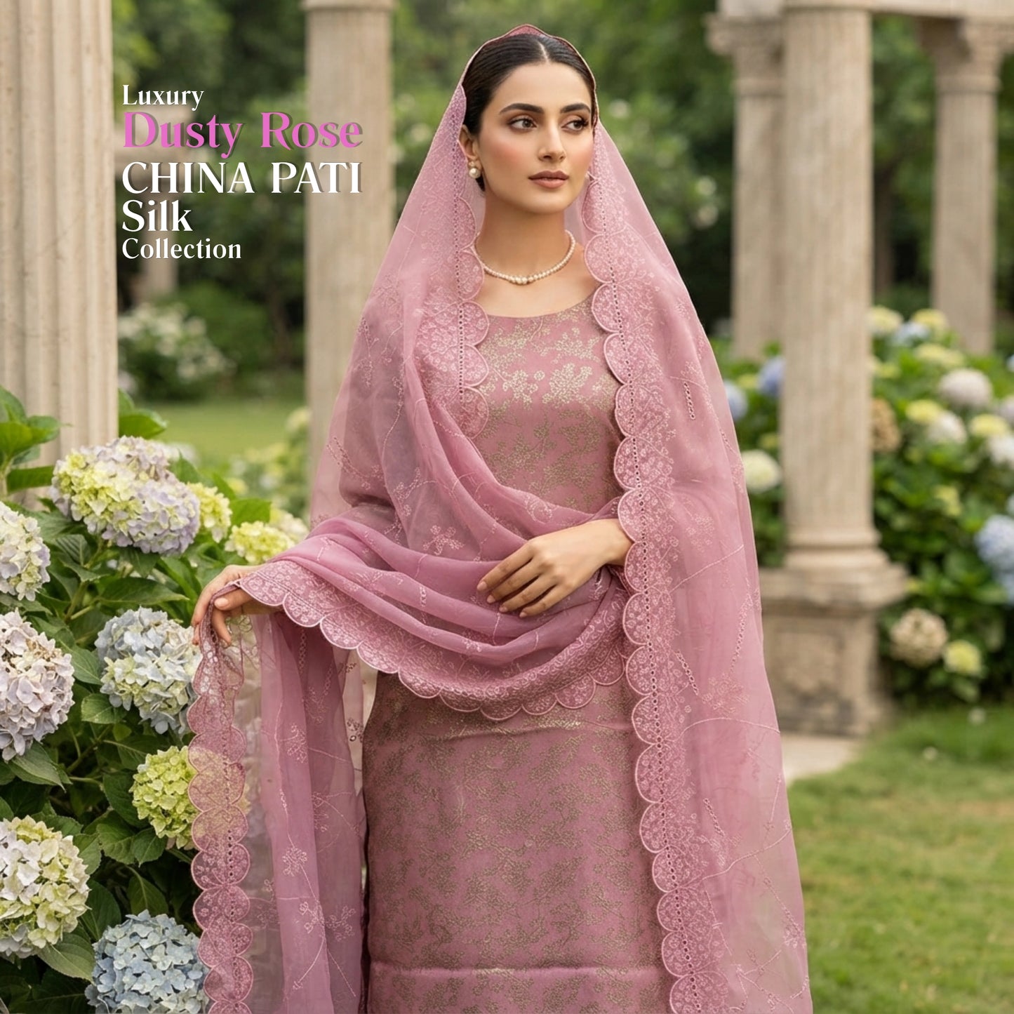 Dusty Rose Pure China Pati Silk 3 Piece Unstitched Suit