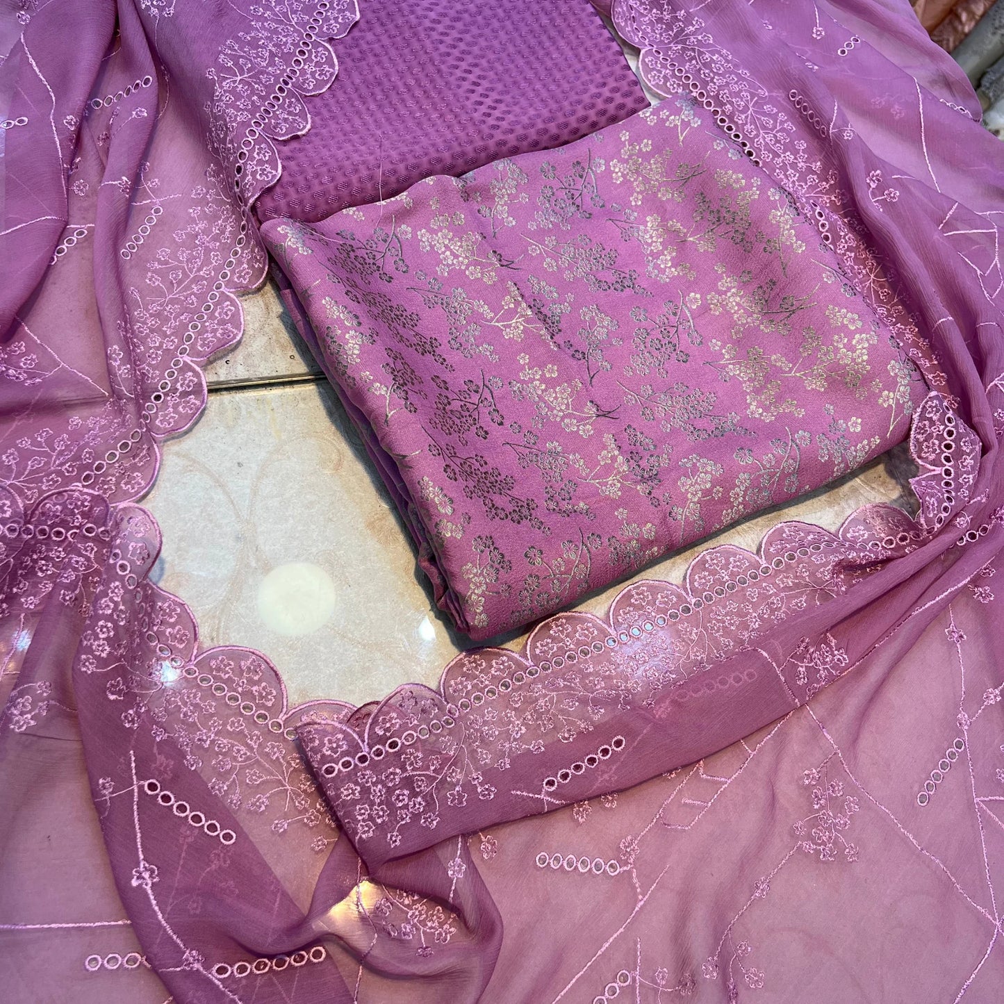 Dusty Rose Pure China Pati Silk 3 Piece Unstitched Suit