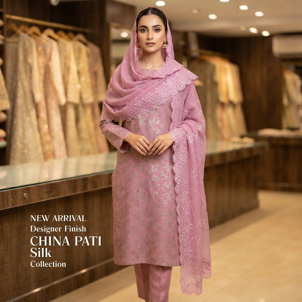 Dusty Rose Pure China Pati Silk 3 Piece Unstitched Suit