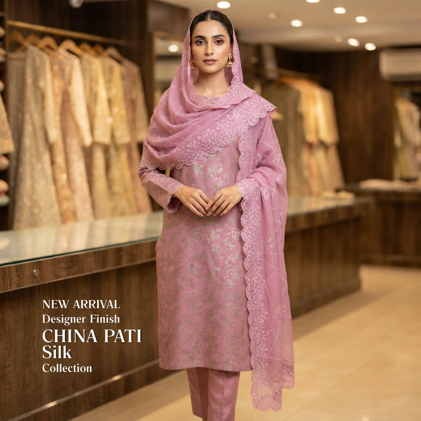 Dusty Rose Pure China Pati Silk 3 Piece Unstitched Suit