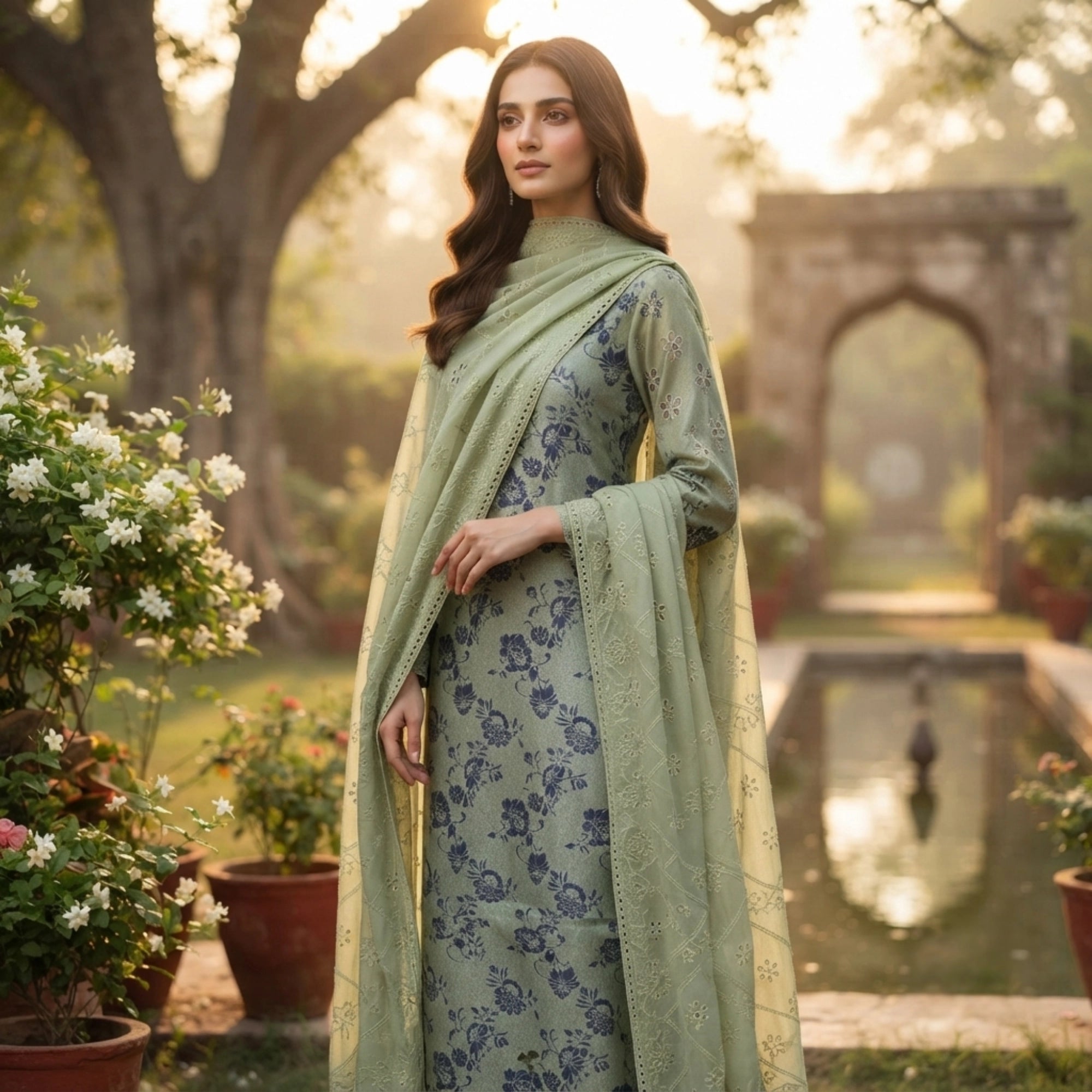 Sage Green Pure China Pati Silk 3 Piece Unstitched Embroidered Suit