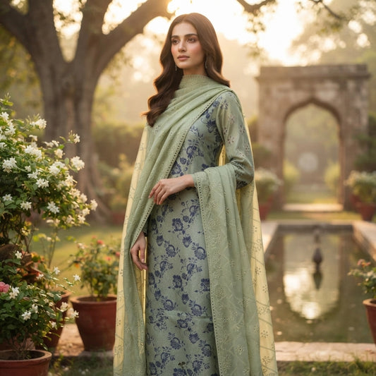 Sage Green Pure China Pati Silk 3 Piece Unstitched Embroidered Suit