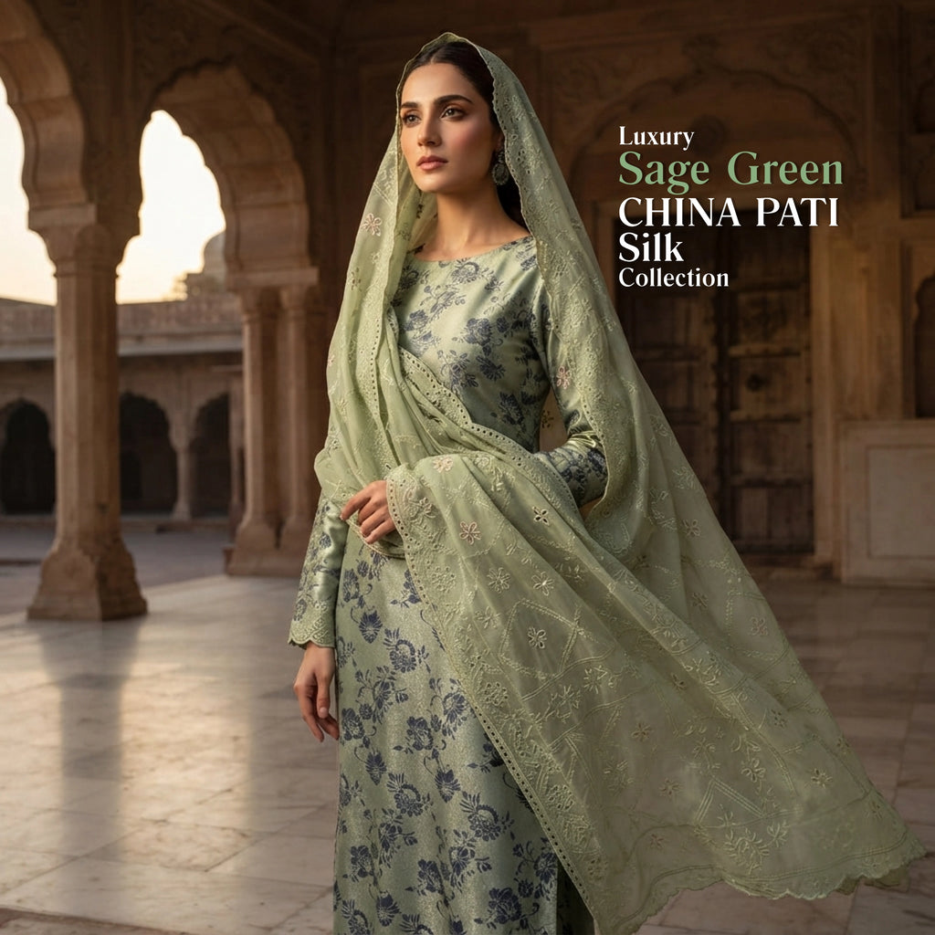 Sage Green Pure China Pati Silk 3 Piece Unstitched Embroidered Suit