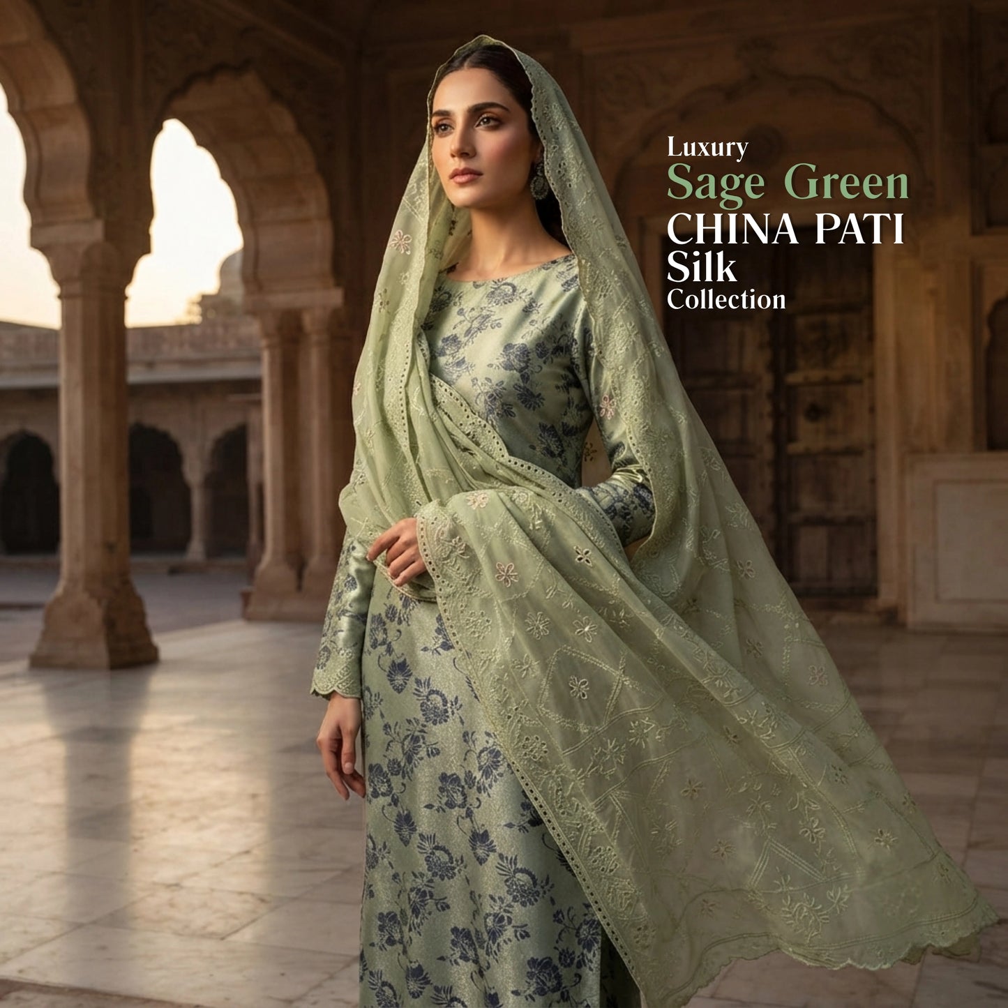 Sage Green Pure China Pati Silk 3 Piece Unstitched Embroidered Suit