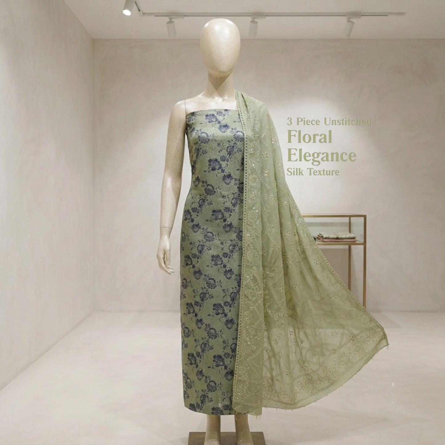 Sage Green Pure China Pati Silk 3 Piece Unstitched Embroidered Suit