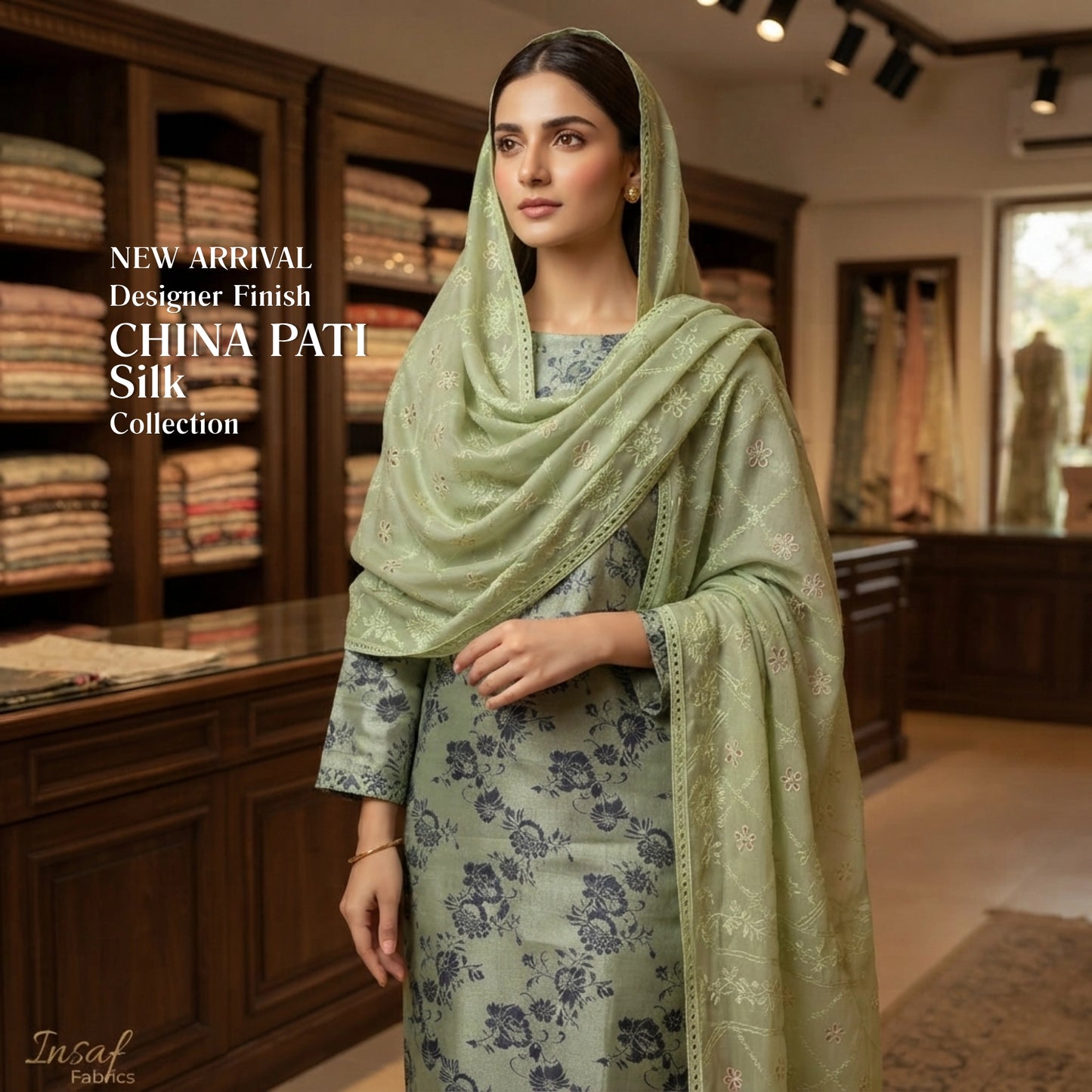 Sage Green Pure China Pati Silk 3 Piece Unstitched Embroidered Suit