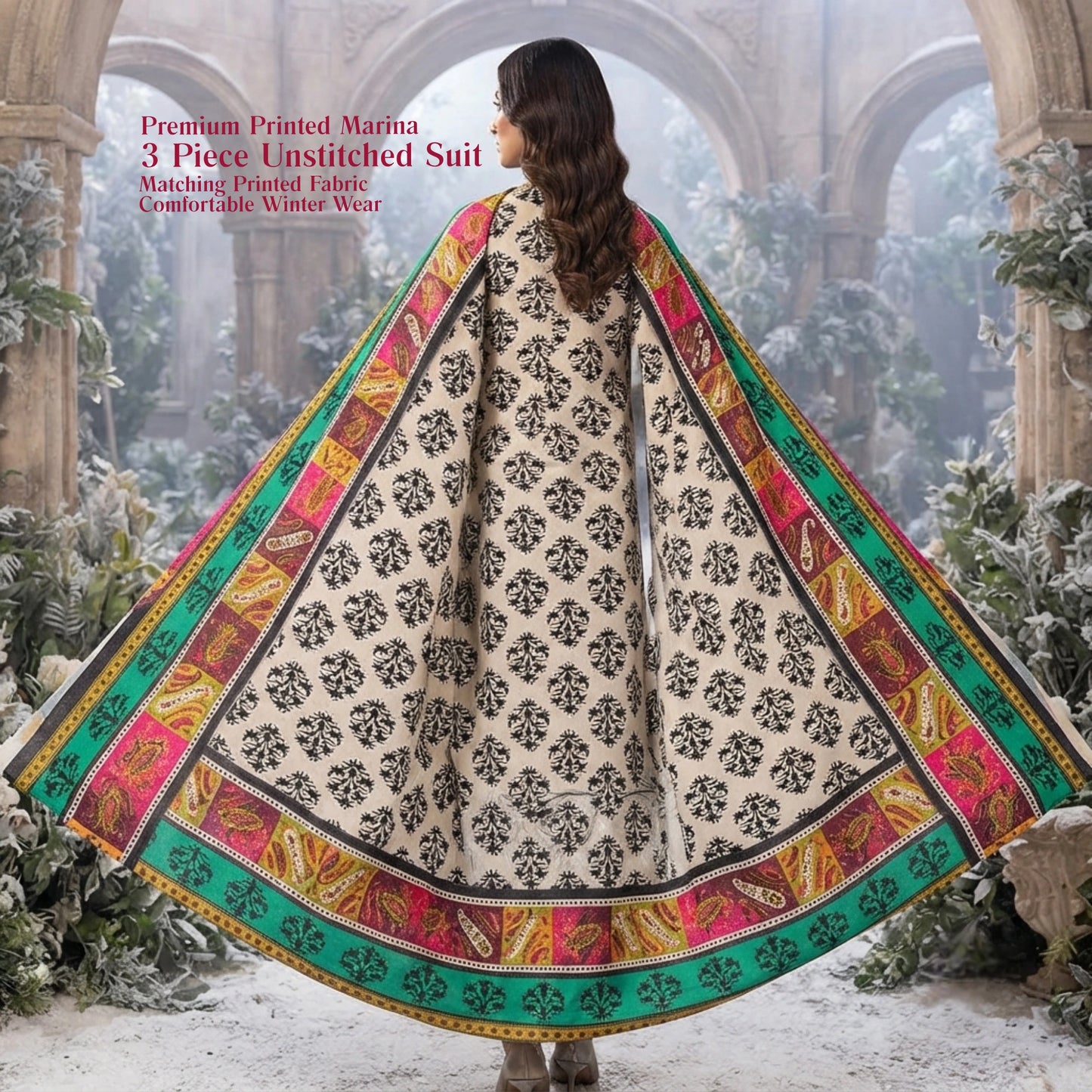 Ivory Multi Printed Marina 3 Piece Unstitched Suit