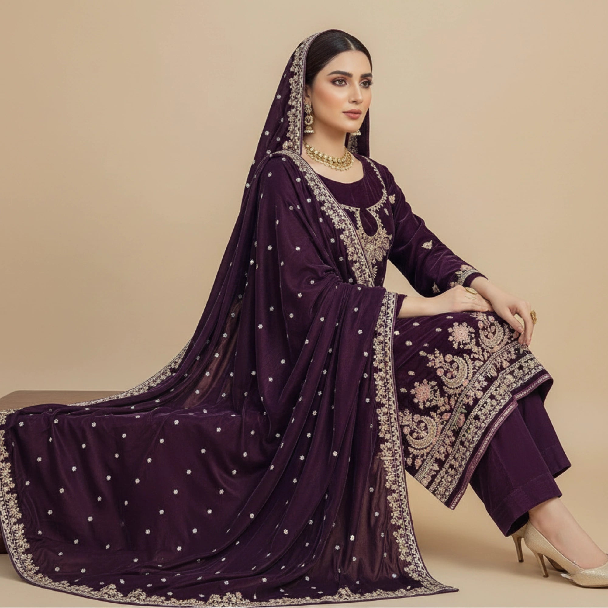 Plum Velvet 3 Piece Unstitched Suit - Insaf Fabrics