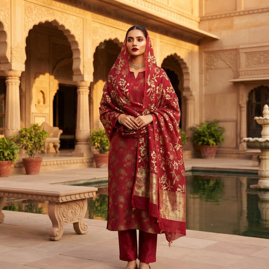 Crimson Red Pure China Pati Silk 3 Piece Unstitched Suit