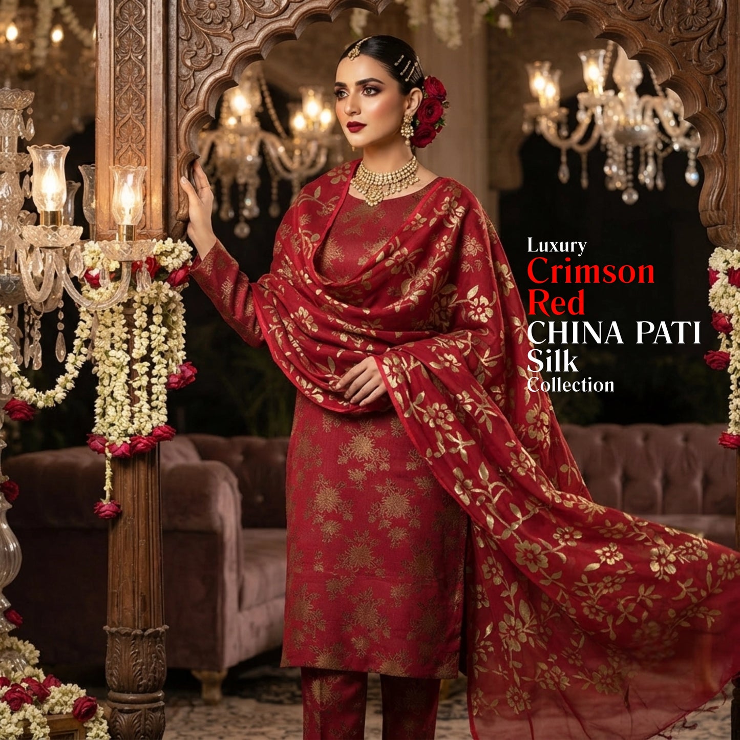 Crimson Red Pure China Pati Silk 3 Piece Unstitched Suit