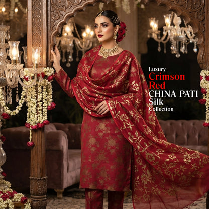 Crimson Red Pure China Pati Silk 3 Piece Unstitched Suit