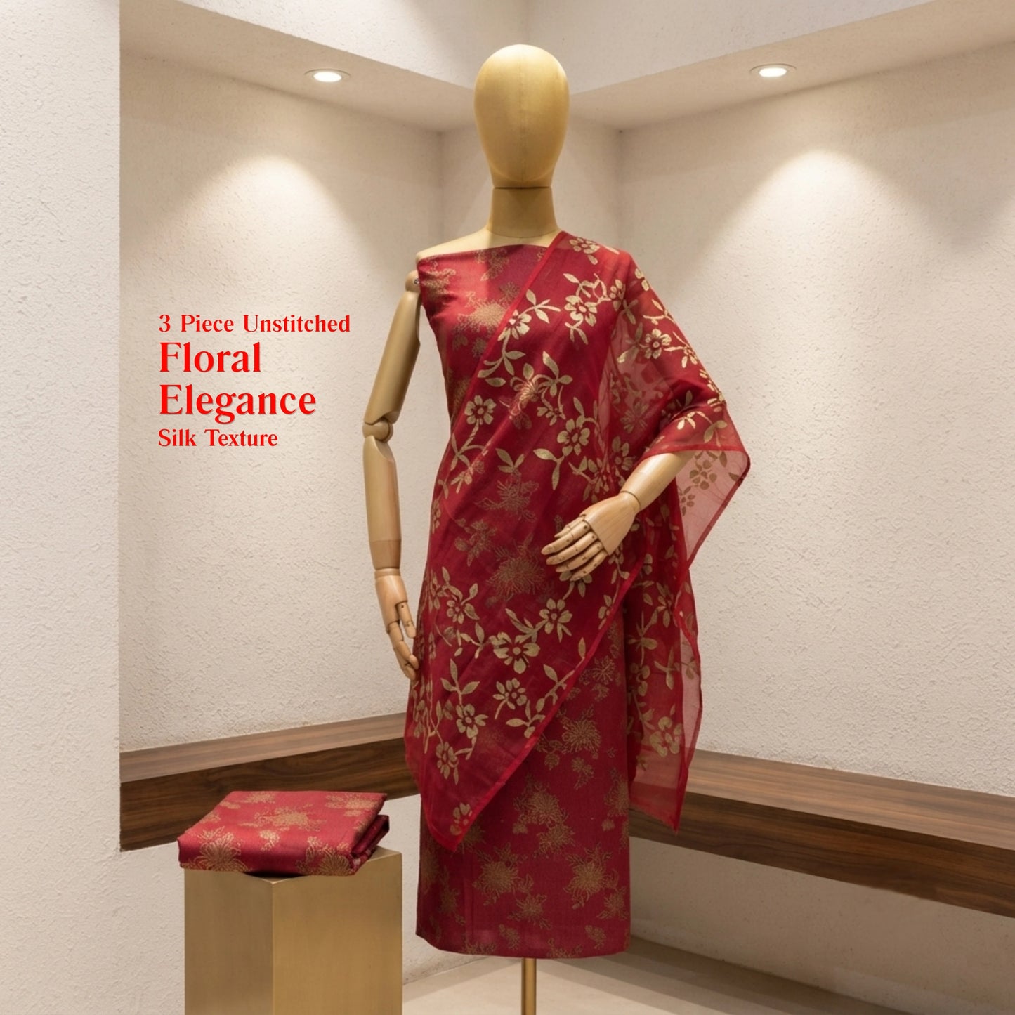Crimson Red Pure China Pati Silk 3 Piece Unstitched Suit