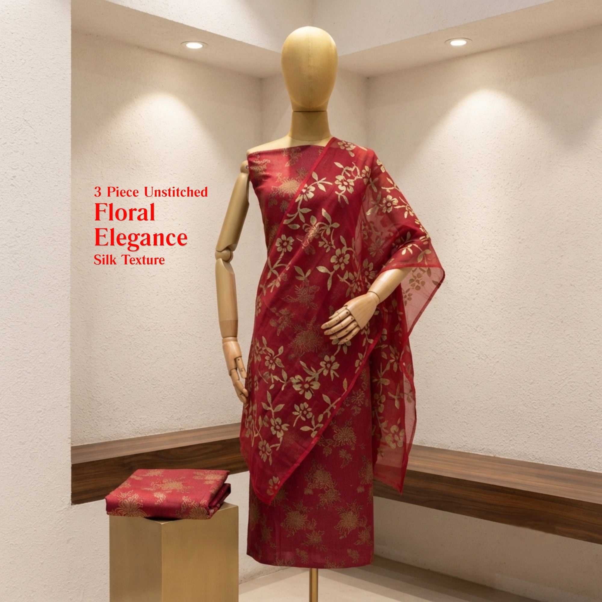 Crimson Red Pure China Pati Silk 3 Piece Unstitched Suit