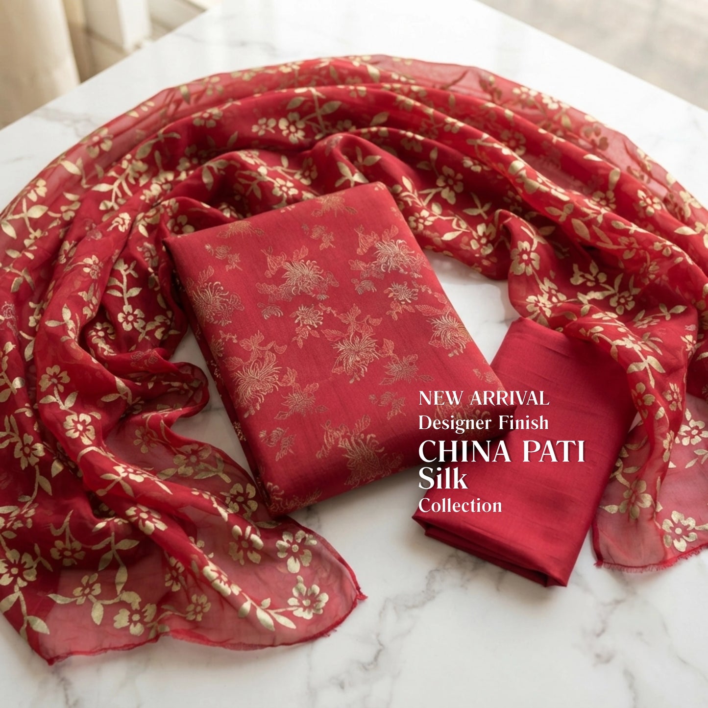 Crimson Red Pure China Pati Silk 3 Piece Unstitched Suit
