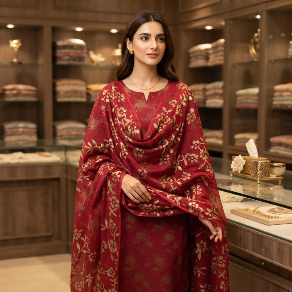 Crimson Red Pure China Pati Silk 3 Piece Unstitched Suit