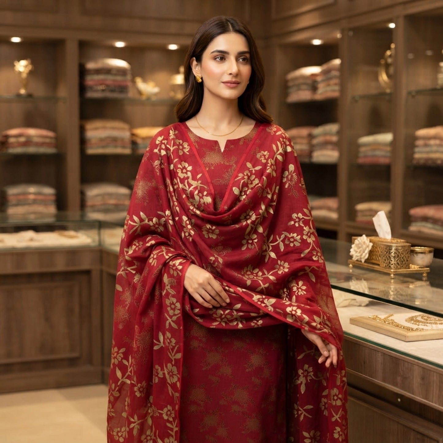 Crimson Red Pure China Pati Silk 3 Piece Unstitched Suit