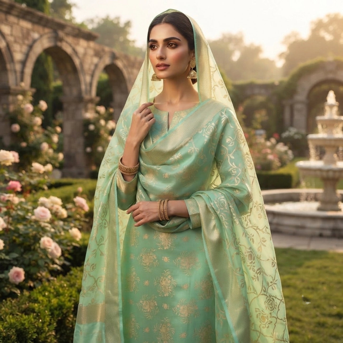 Mint Green Sun Floral Ambose Silk 3 Piece Unstitched Luxury Suit