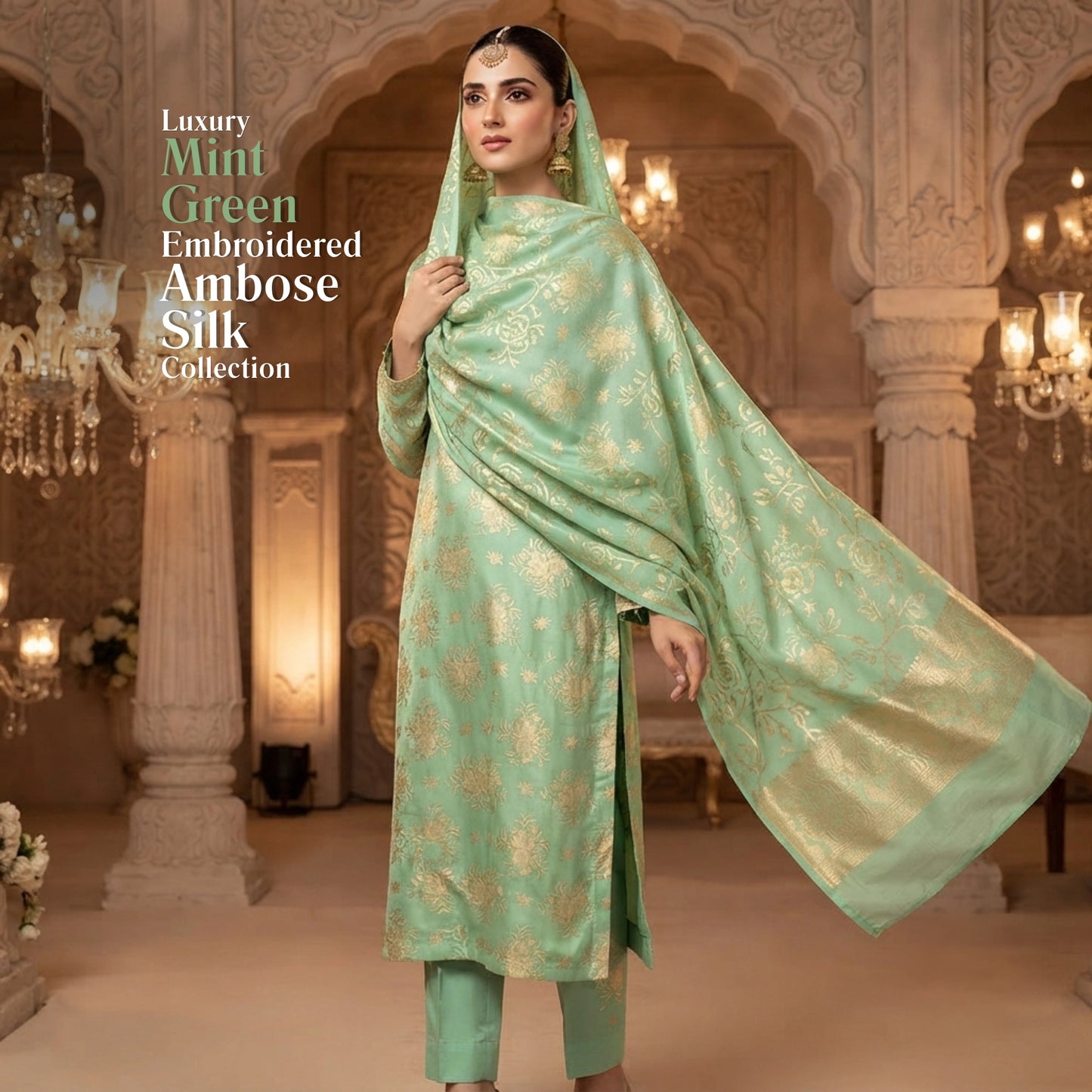 Mint Green Sun Floral Ambose Silk 3 Piece Unstitched Luxury Suit