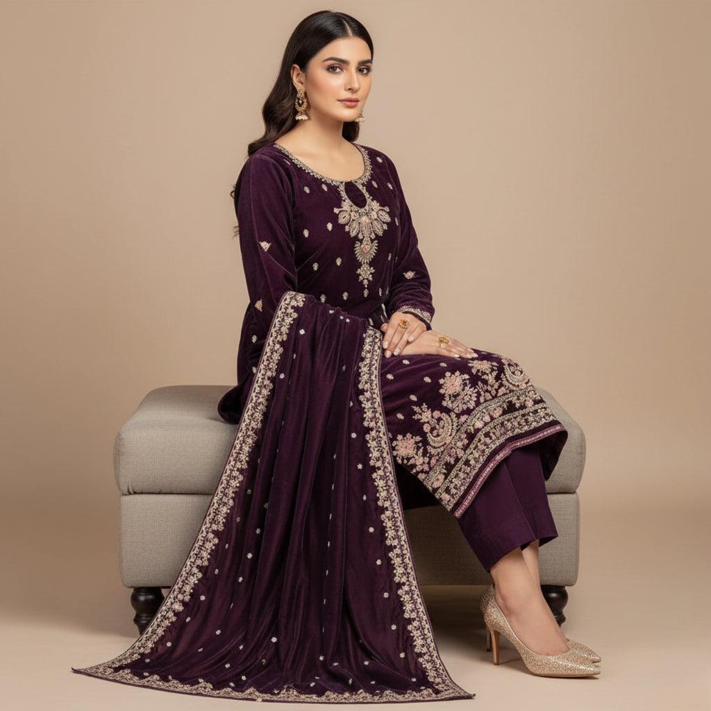 Plum Velvet 3 Piece Unstitched Suit - Insaf Fabrics
