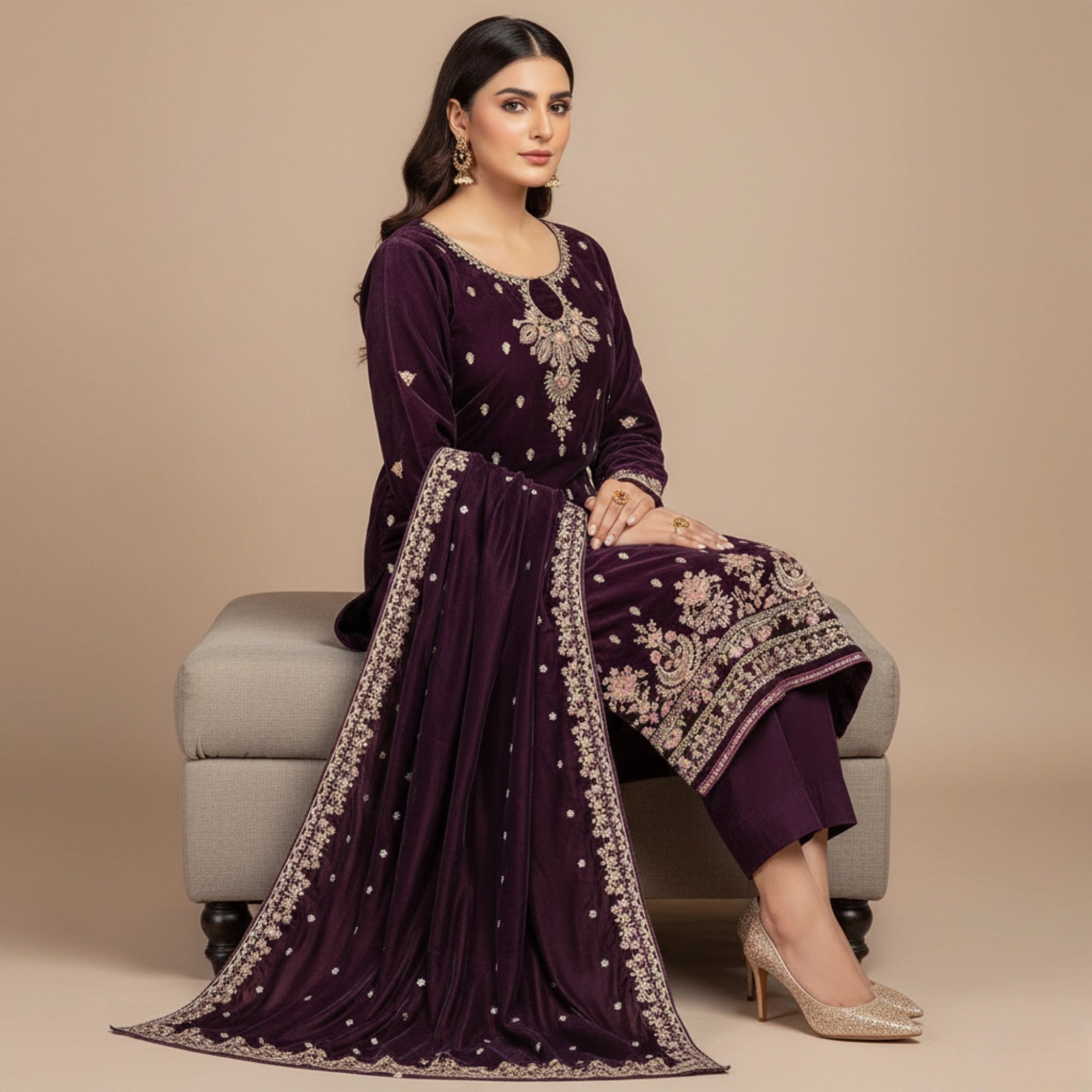 Plum Velvet 3 Piece Unstitched Suit - Insaf Fabrics
