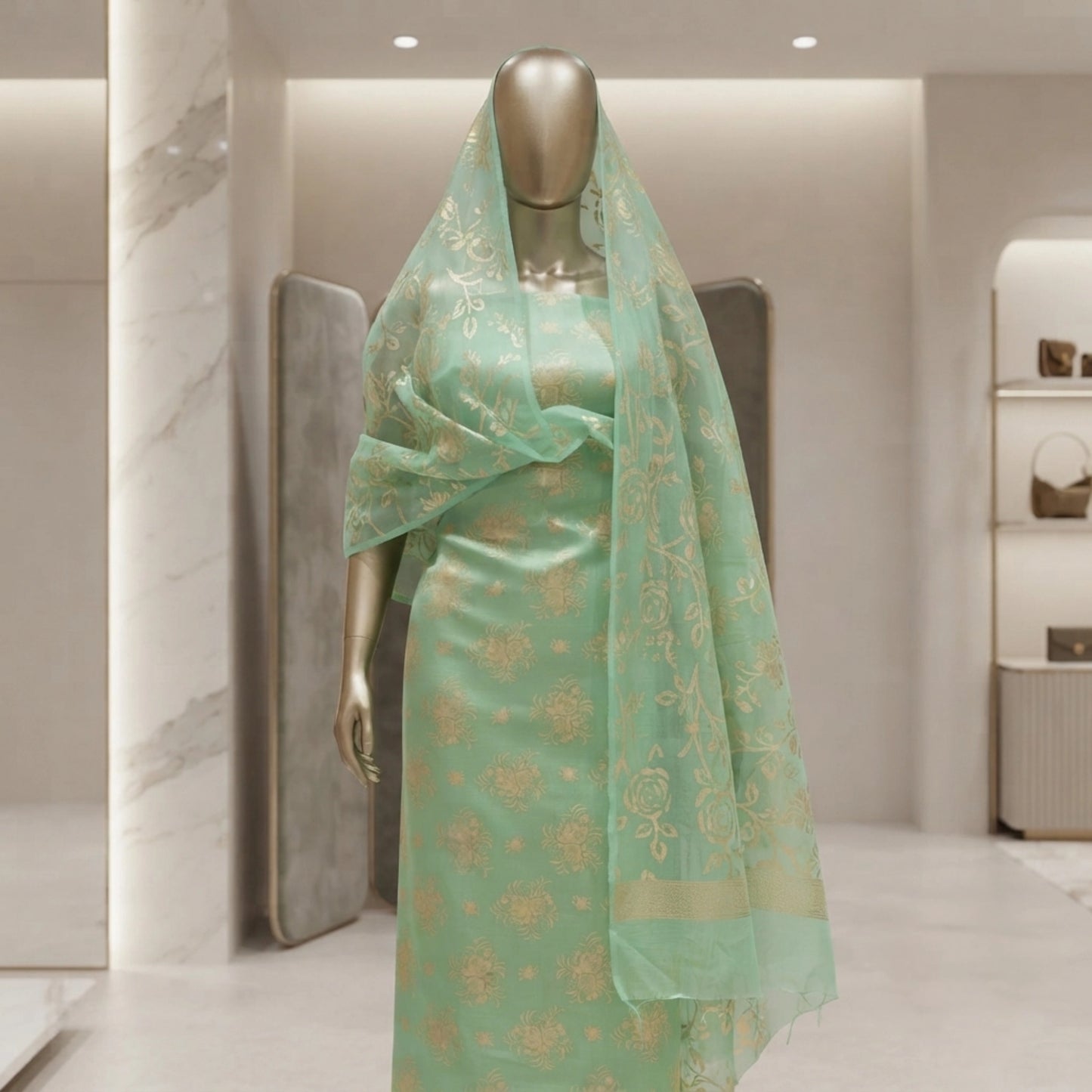 Mint Green Sun Floral Ambose Silk 3 Piece Unstitched Luxury Suit