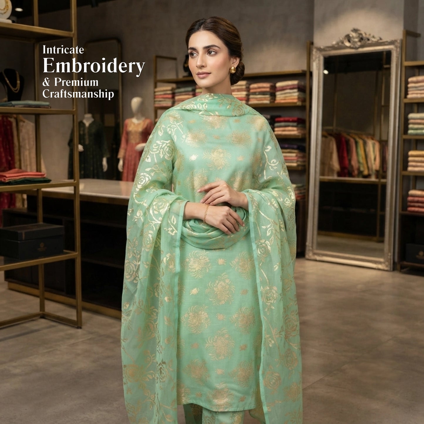 Mint Green Sun Floral Ambose Silk 3 Piece Unstitched Luxury Suit