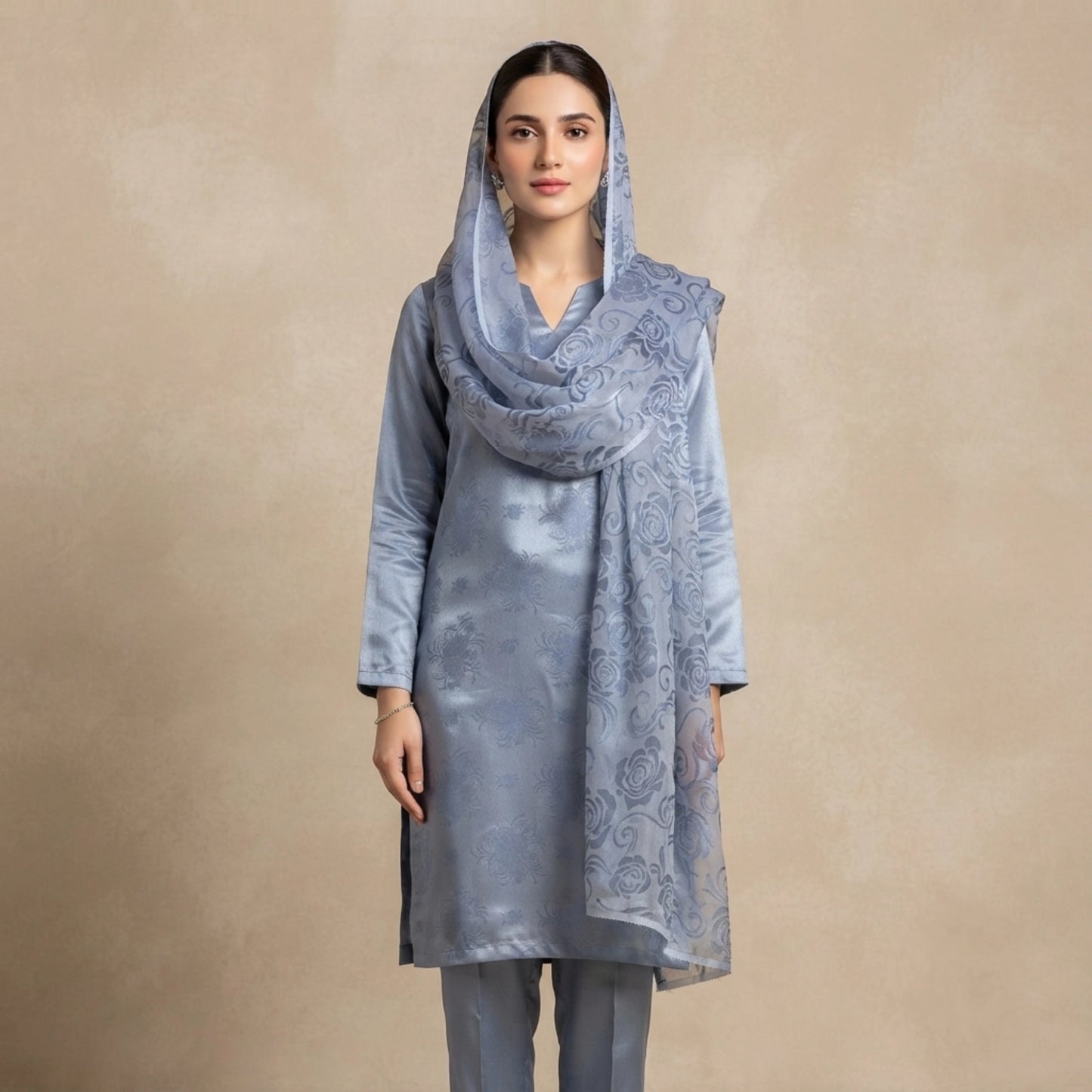 Steel Blue Floral Ambose Silk 3 Piece Unstitched Suit