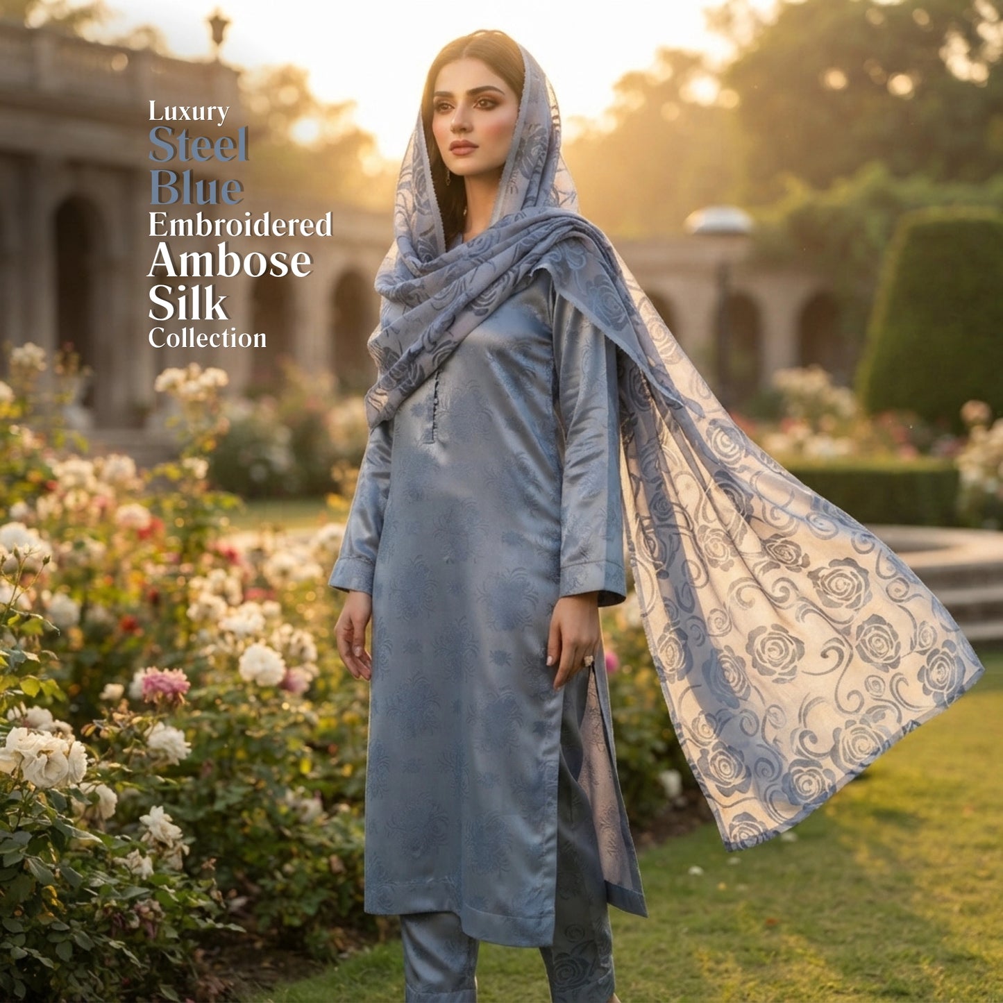 Steel Blue Floral Ambose Silk 3 Piece Unstitched Suit