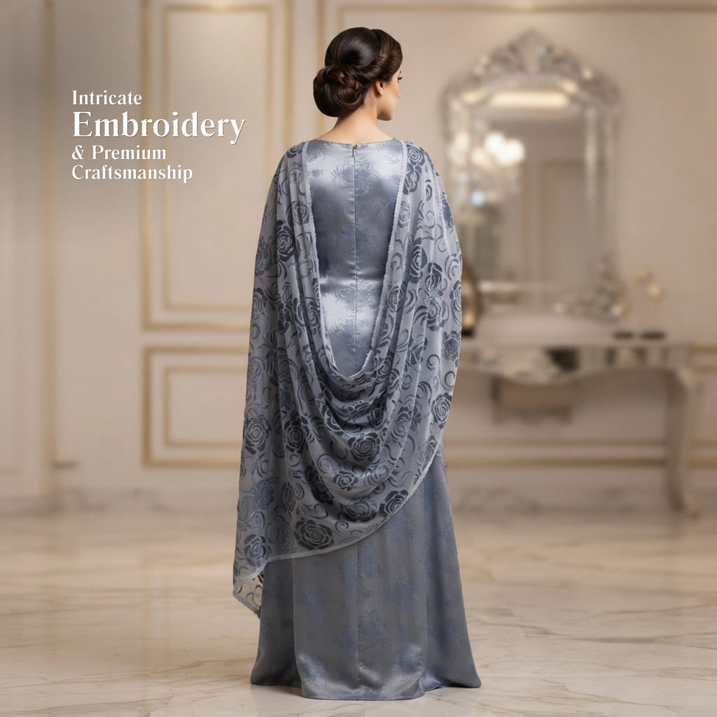 Steel Blue Floral Ambose Silk 3 Piece Unstitched Suit