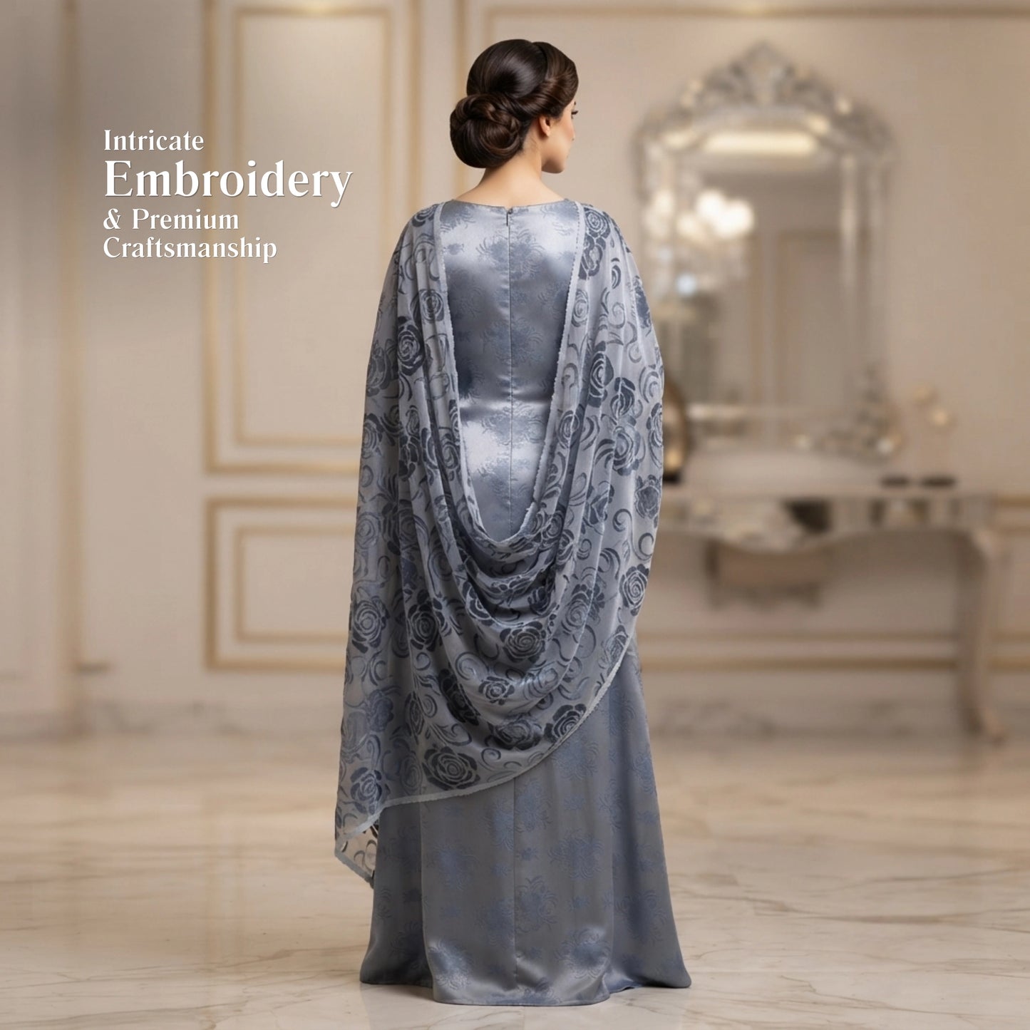 Steel Blue Floral Ambose Silk 3 Piece Unstitched Suit