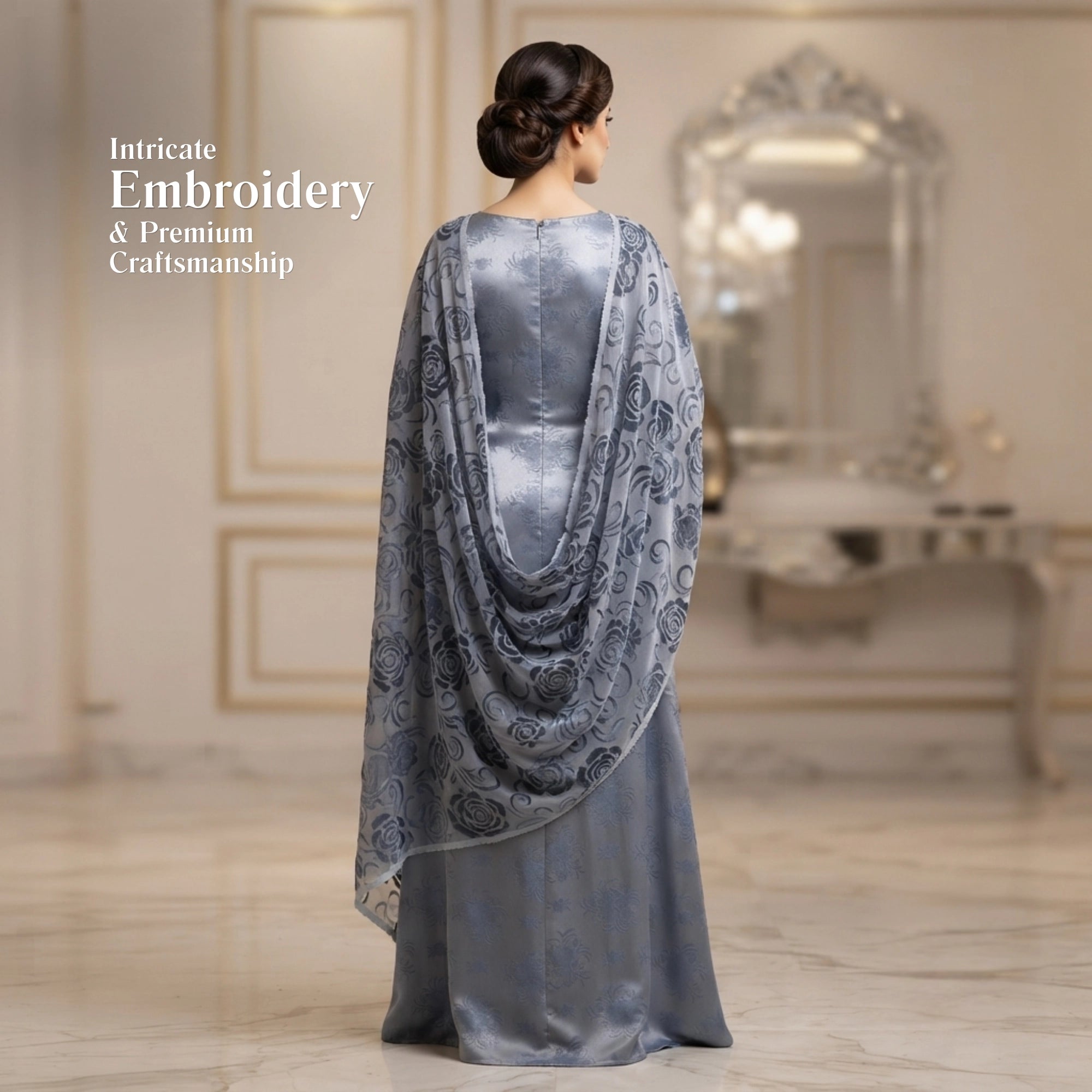 Steel Blue Floral Ambose Silk 3 Piece Unstitched Suit