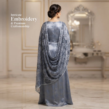 Steel Blue Floral Ambose Silk 3 Piece Unstitched Suit