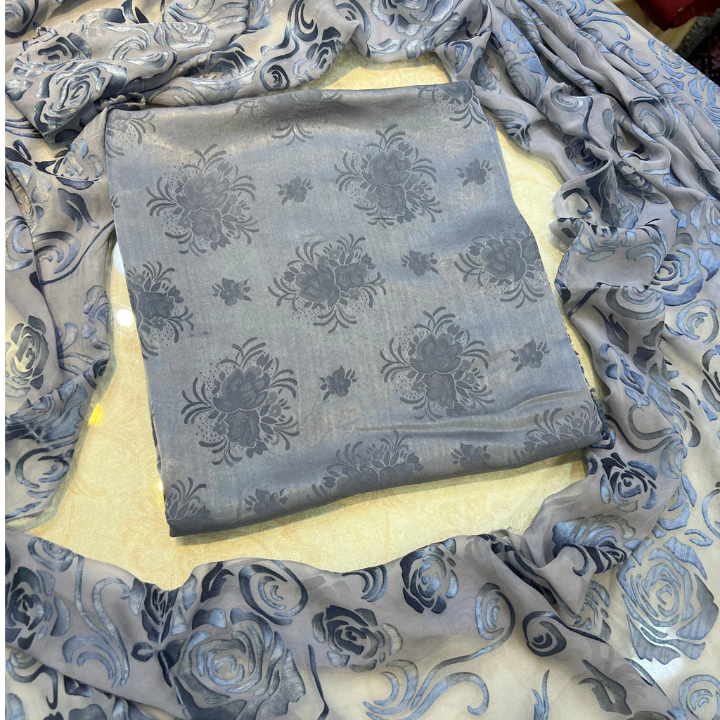 Steel Blue Floral Ambose Silk 3 Piece Unstitched Suit