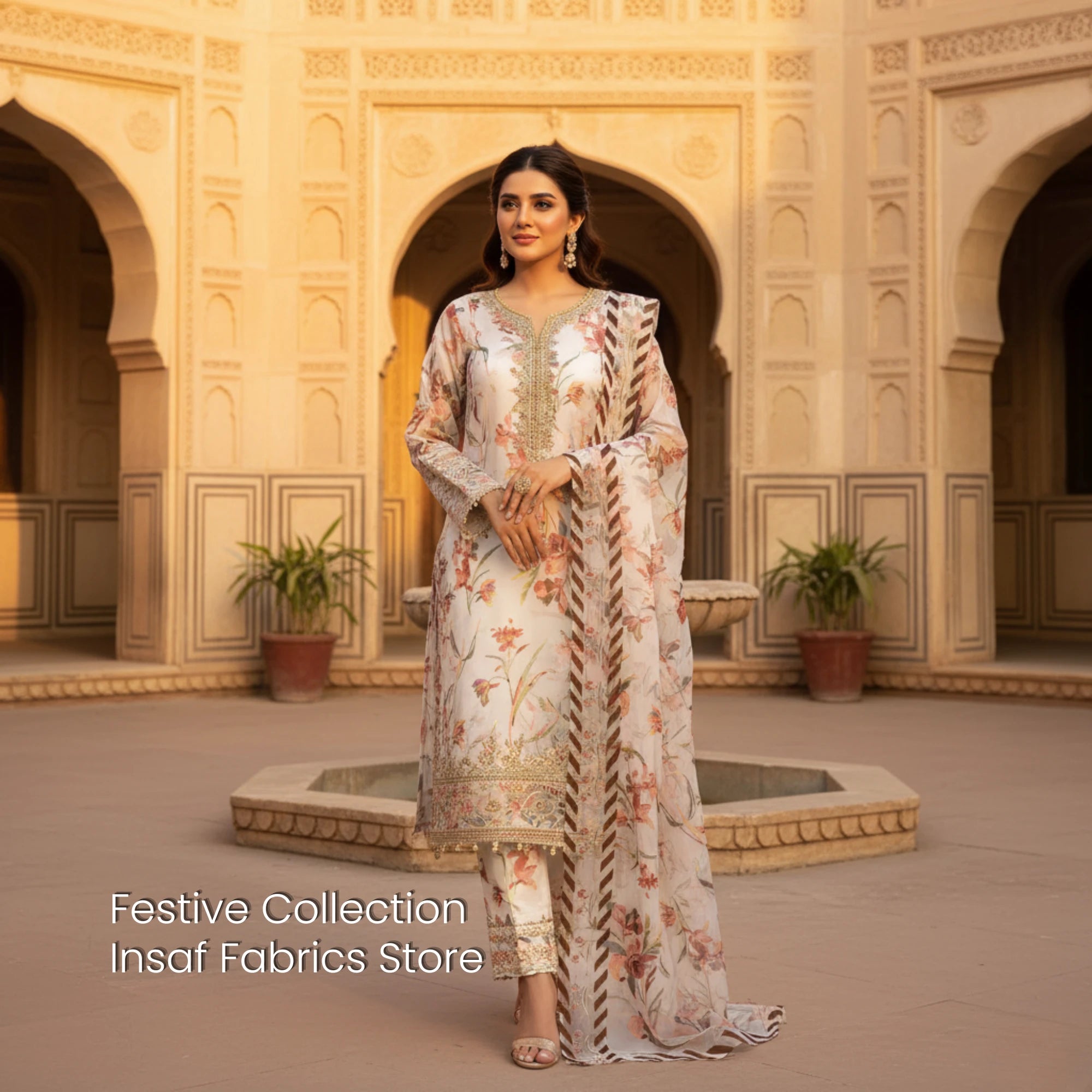 Barosha Silk Floral 3 Piece Unstitched Suit – Off White | Insaf