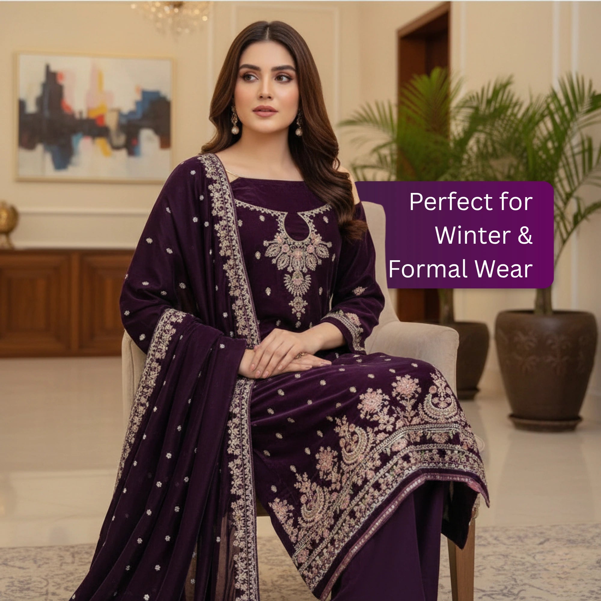 Plum Velvet 3 Piece Unstitched Suit - Insaf Fabrics
