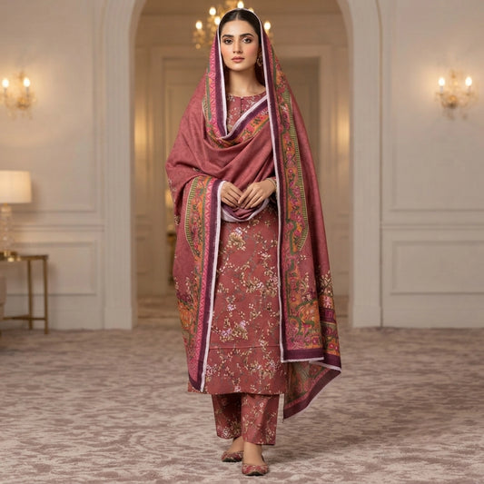 Dusty Rose Floral Printed Marina 3 Piece Unstitched Suit