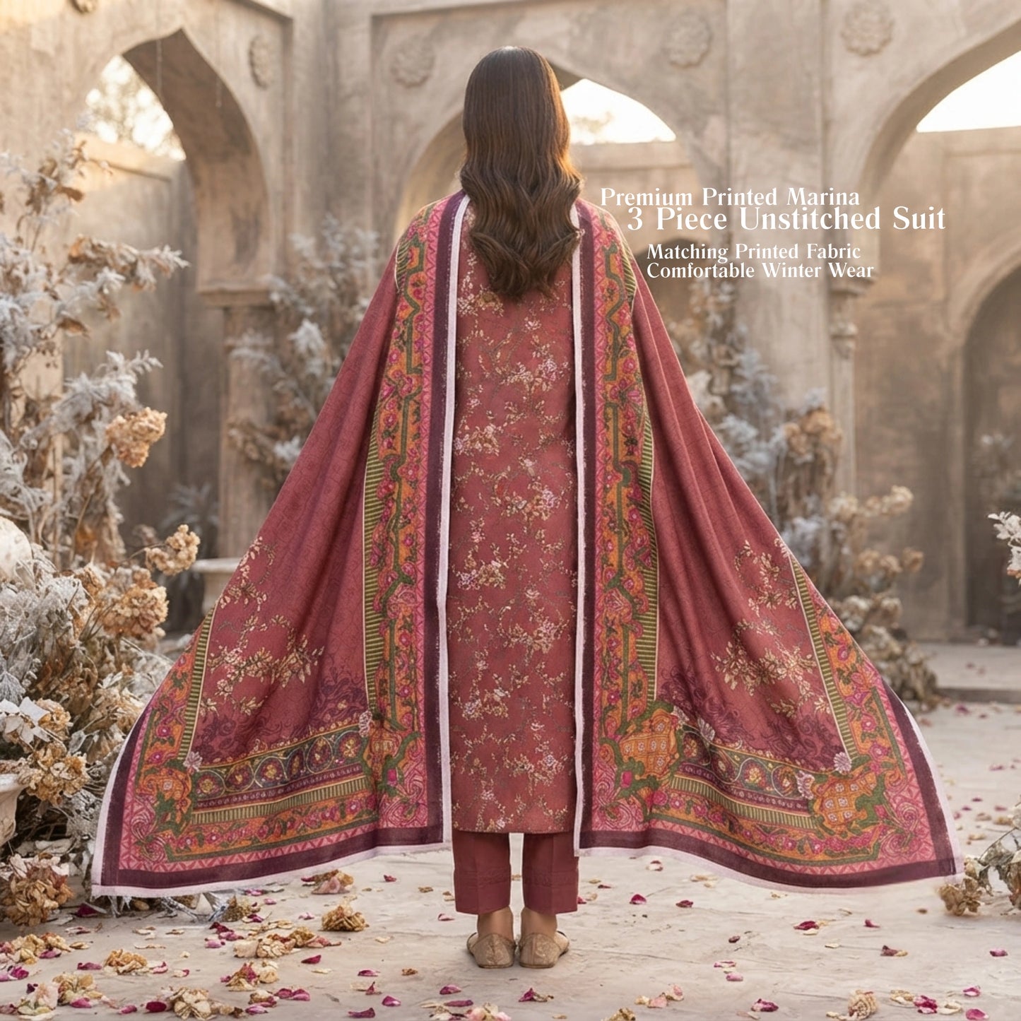 Dusty Rose Floral Printed Marina 3 Piece Unstitched Suit