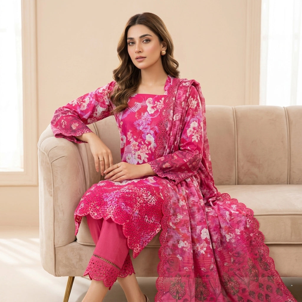 Rose Pink Floral Lawn Unstitched 3 Piece Suit - Summer Collection