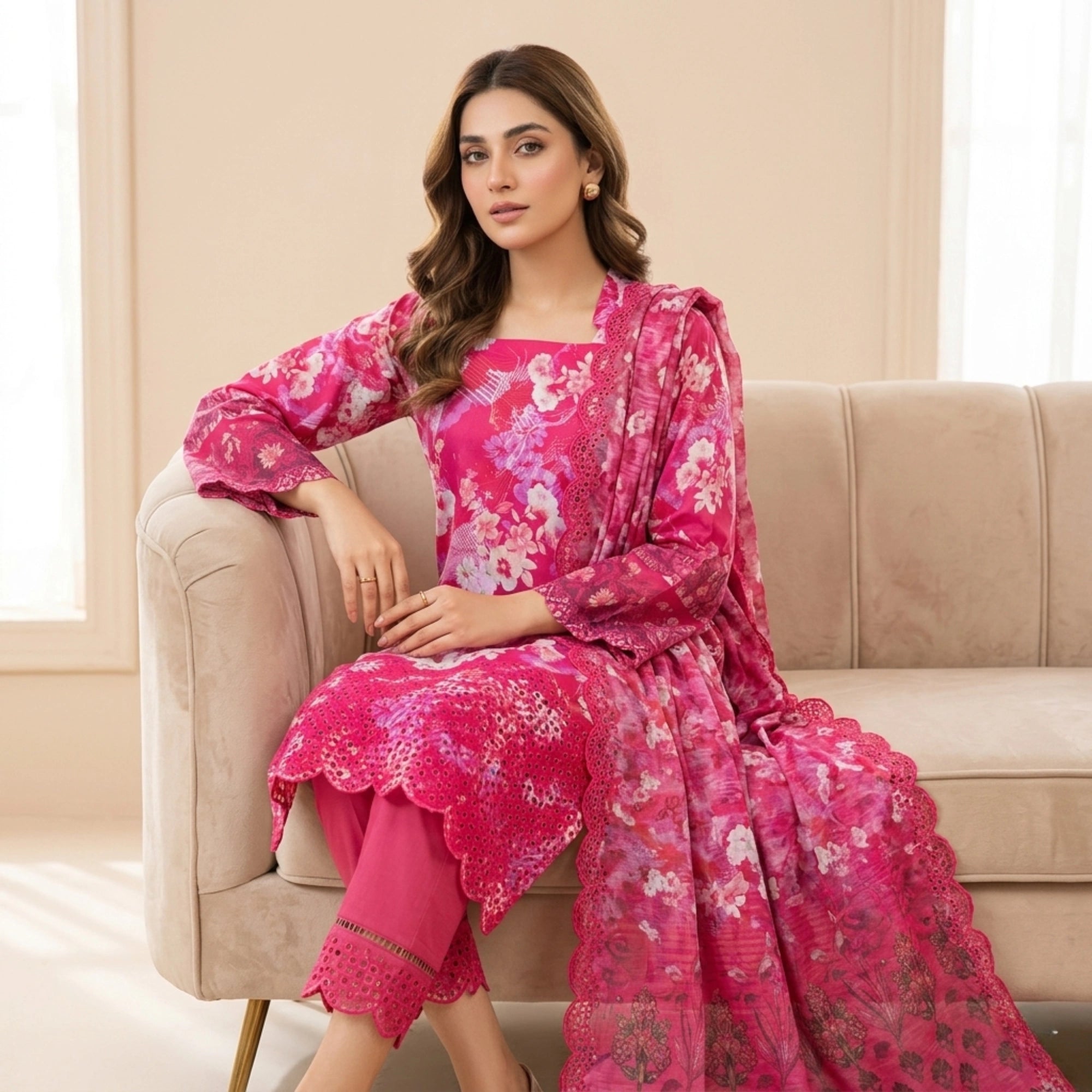 Rose Pink Floral Lawn Unstitched 3 Piece Suit - Summer Collection