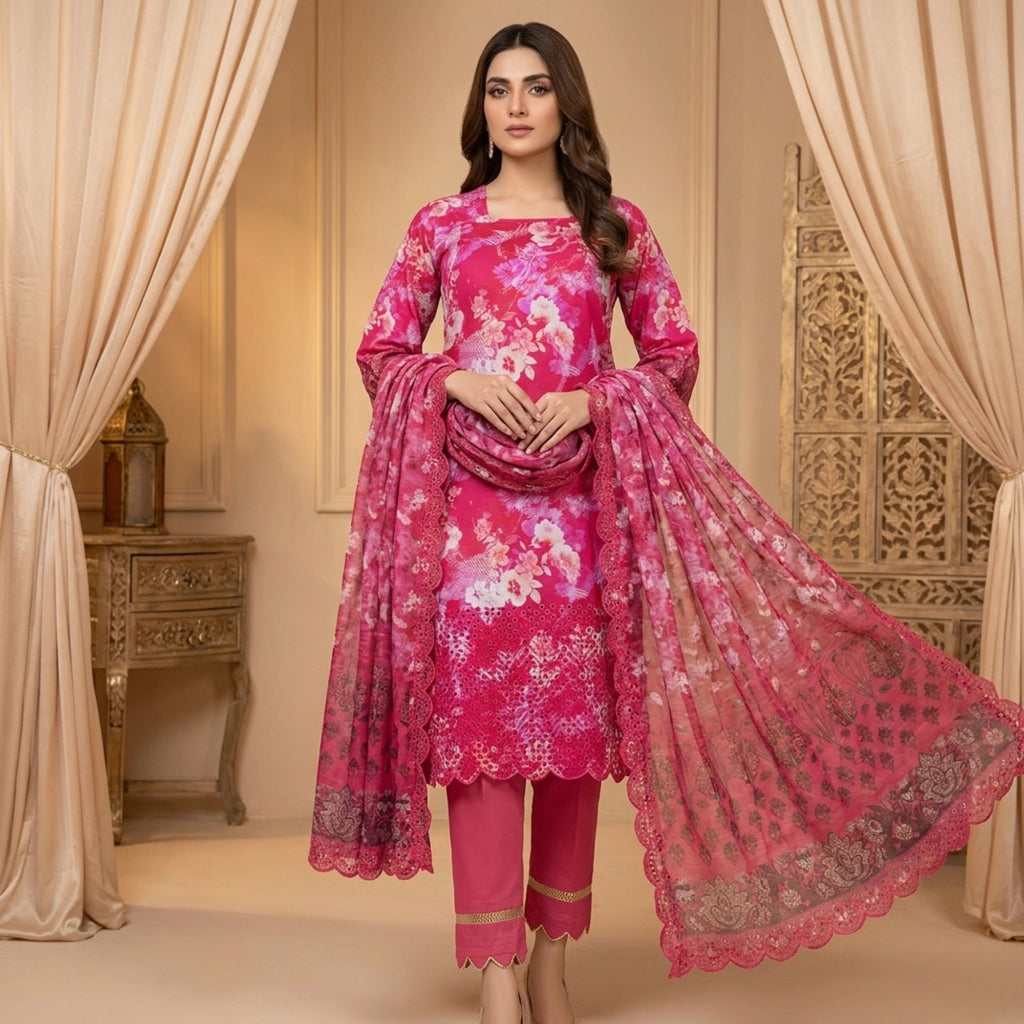 Rose Pink Floral Lawn Unstitched 3 Piece Suit - Summer Collection